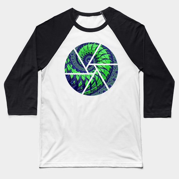 Seattle Blue and Green Spiral Fractal Baseball T-Shirt by BHDigitalArt